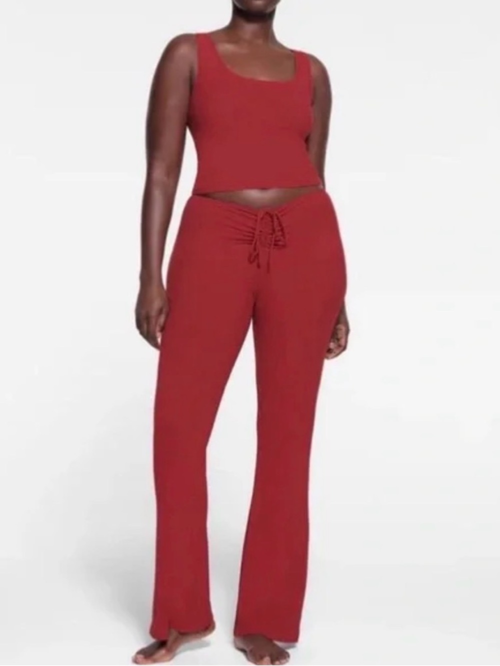 SKIMS Ribbed High-Waist Drawstring Flare Pants - Red